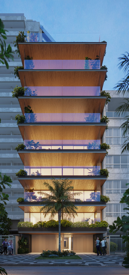 Fachada do VIE 432 com varandas, vegetação e iluminação ao entardecer