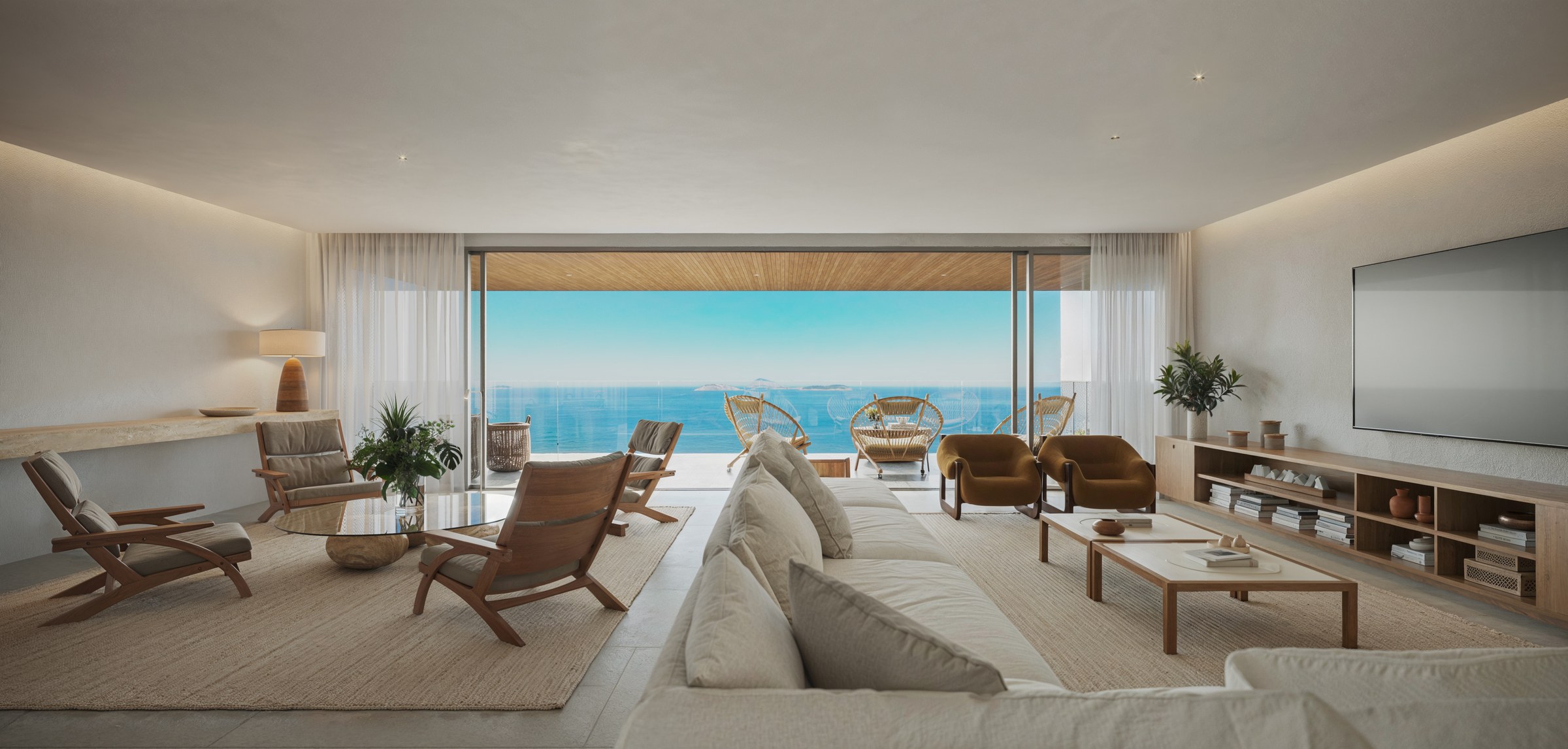 Perspectiva artística da sala de estar do VIE 432 com varanda e vista para o mar em Ipanema