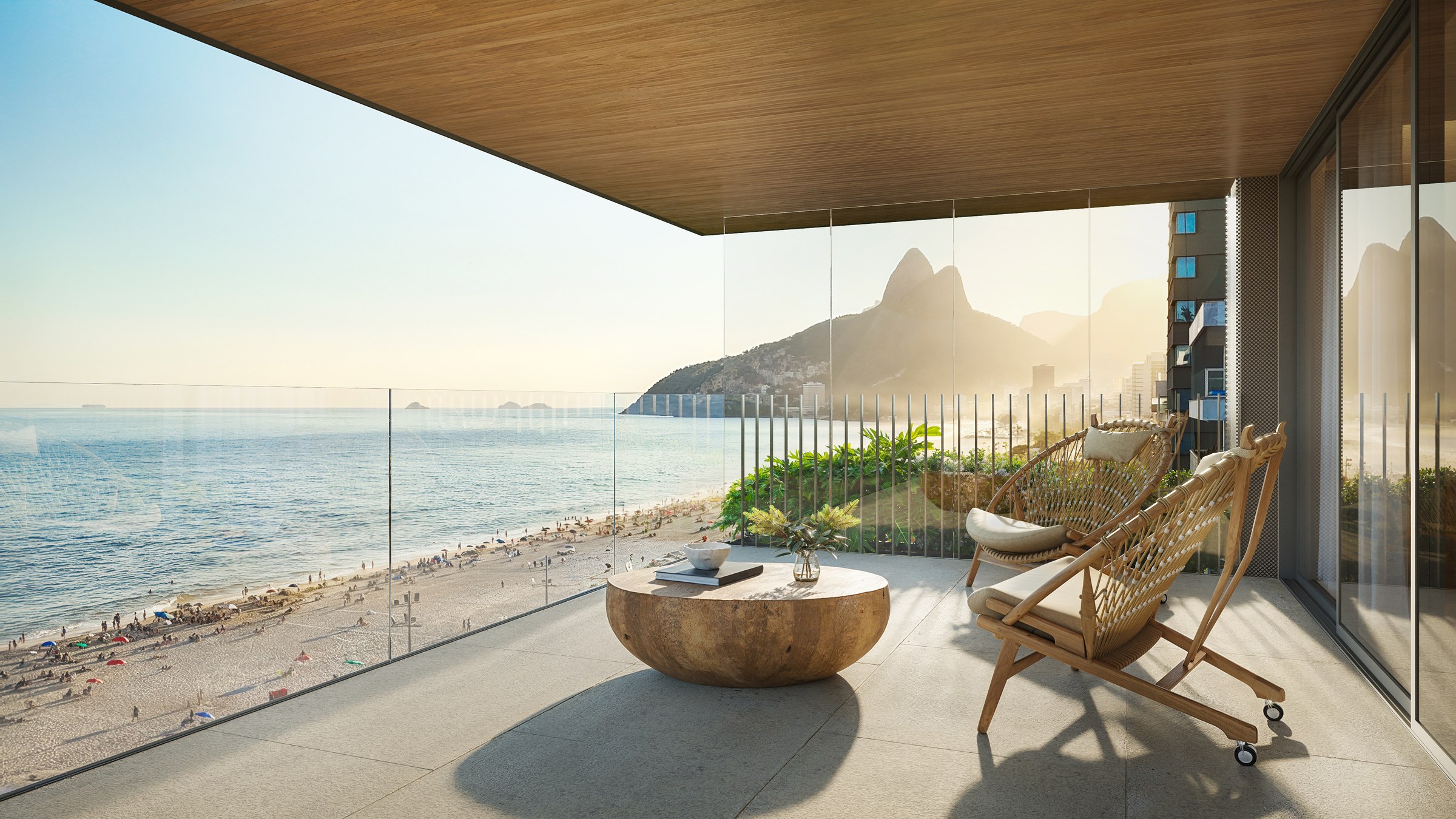 Perspectiva artística da varanda do VIE 432 com vista para a praia de Ipanema e o Morro Dois Irmãos